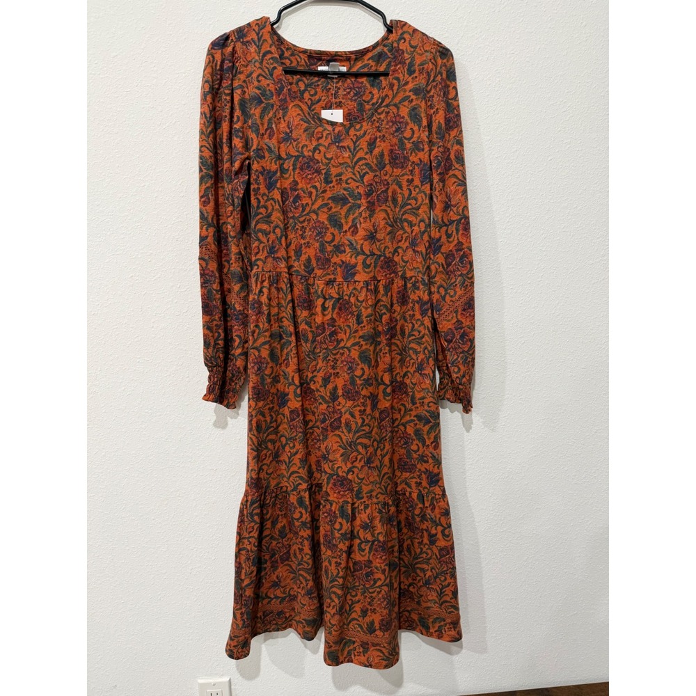 Canyon Retreat Rust Orange Floral Tiered Midi Dress NWT XS Boho Fall Autumn